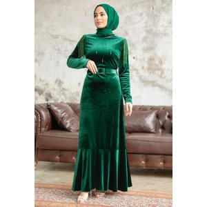 Neva Style - Tokalı Kemerli Zümrüt Yeşili Tesettür Kadife Elbise 3748ZY