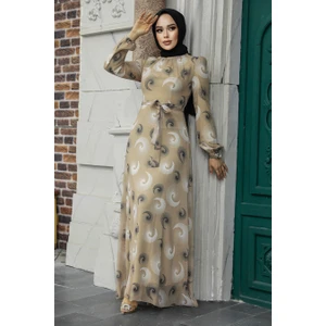Neva Style - Desenli Bej Tesettür Elbise 27945BEJ