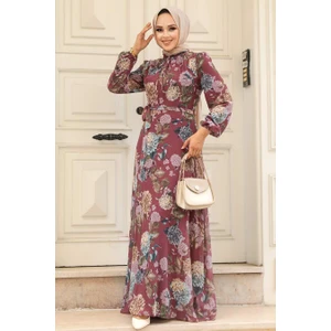 Neva Style - Çiçek Desenli Koyu Gül Kurusu Tesettür Elbise 279083KGK