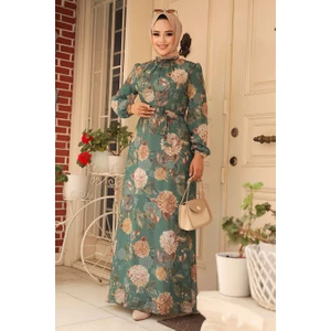 Neva Style - Çiçek Desenli Yeşil Tesettür Elbise 279083Y