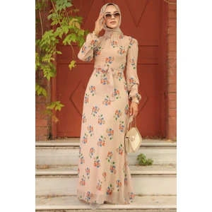 Neva Style - Çiçek Desenli Bej Tesettür Elbise 27935BEJ