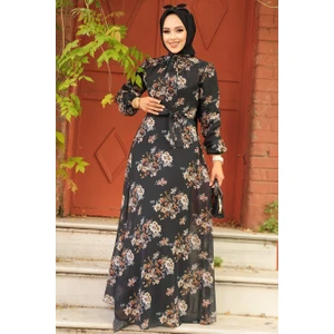 Neva Style - Çiçek Desenli Siyah Tesettür Elbise 279082S