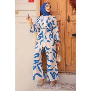 Neva Style Desenli Indigo Mavisi Tesettür Ikili Kimono Takım 12123IM