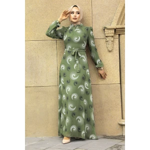 Neva Style Desenli Fıstık Yeşili Tesettür Elbise 27945FY