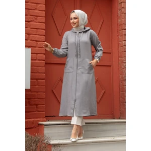 Neva Style - Kapşonlu Gri Tesettür Kap 511GR