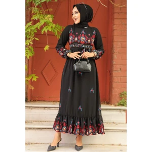 Neva Style Çiçek Desenli Siyah Tesettür Elbise 23231S