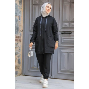 Kapşonlu Siyah Tesettür Ikili Takım 20072S