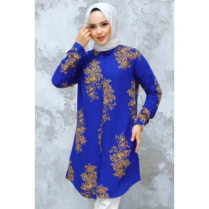 Desenli Sax Mavisi Tesettür Tunik 11720SX