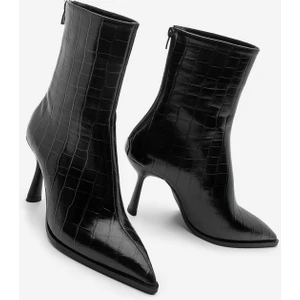 Kadın Topuklu Bot Sivri Burun Kadeh Ökçe Arkadan Fermuarlı Günlük Klasik Bot Monos Siyah Croco