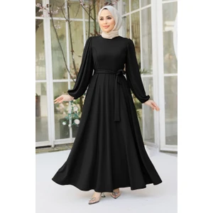 Neva Style Kemerli Siyah Tesettür Elbise 23101S