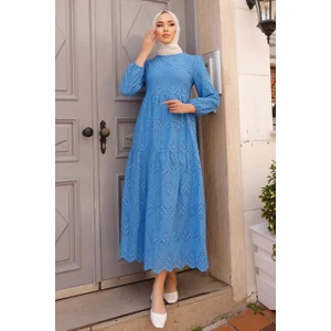 Neva Style Kol Ucu Lastikli Indigo Mavisi Tesettür Elbise 1073IM