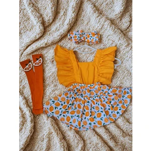 Kız Bebek Turuncu Portakal Slopet Bandana ve Keçeli Çorap 3'lü Set