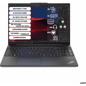 ThinkPad E16 Gen 1 AMD Ryzen 7 7730U 16 GB 512 GB SSD 16" WUXGA IPS FreeDos 21JT0017TX