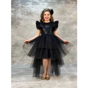 Kız Çocuk Tokalı Pullu Fiyonklu Şık Kat Kat Kuyruklu Elbise