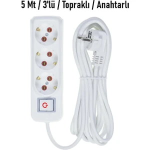 5 Metre Üç 3’lü Topraklı Anahtarlı Grup Priz (Eko Grup Marka)