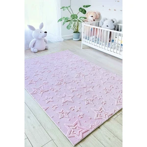 Stary Premium Puffy Peluş Pembe Kendinden Desenli Yıldızlı Kaymaz Taban Çocuk Halısı Oyun Halısı