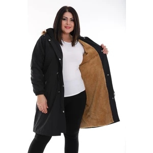 Kadın Suya Dayanıklı Büyük Beden Mont Kapüşonlu Uzun Siyah Mont Bonded Kumaş Içi Kürklü Mont