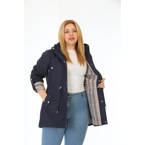 Kadın Suya Dayanıklı Büyük Beden Trençkot Kapüşonlu Ekoseli Haki Trençkot Bonded Kumaş Trençkot