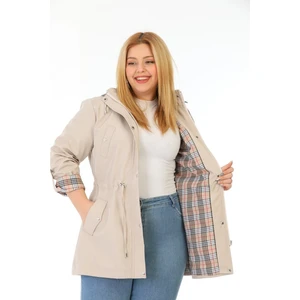 Kadın Suya Dayanıklı Büyük Beden Trençkot Kapüşonlu Ekoseli Haki Trençkot Bonded Kumaş Trençkot