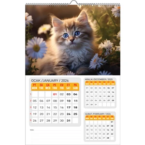 2026 Kedi Duvar TAKVİMİ-33X48 cm Ebat- Planlama Seçeneği Ile Birlikte