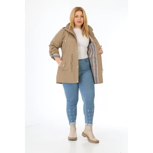 Kadın Suya Dayanıklı Büyük Beden Trençkot Kapüşonlu Ekoseli Haki Trençkot Bonded Kumaş Trençkot