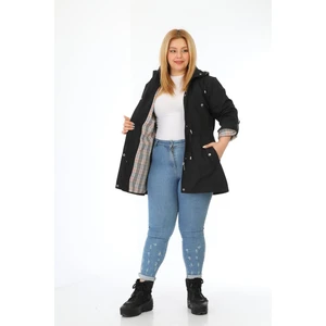 Kadın Suya Dayanıklı Büyük Beden Trençkot Kapüşonlu Ekoseli Haki Trençkot Bonded Kumaş Trençkot