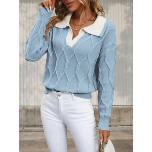 Polo Yaka Örgü Desenli Kadın Triko Kazak