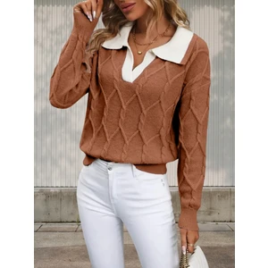 Polo Yaka Örgü Desenli Kadın Triko Kazak