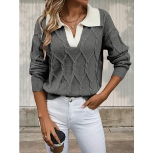 Polo Yaka Örgü Desenli Kadın Triko Kazak