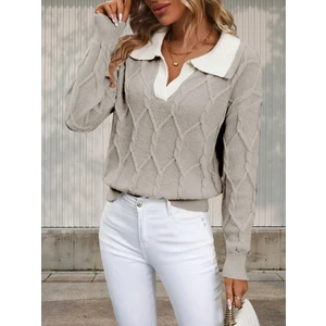 Polo Yaka Örgü Desenli Kadın Triko Kazak