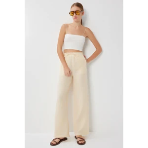 Çizgili Cepli Müslin Pantolon LYY0110 Sarı Kemik