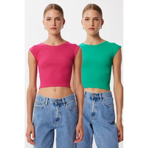 2’li Paket Basic Fitilli Örme Crop Bluz LMX0123 Yeşil Koyu Pembe