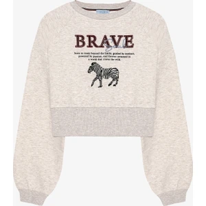 Zebra Nakışlı Sırtı Fermuarlı Sweatshirt Bej