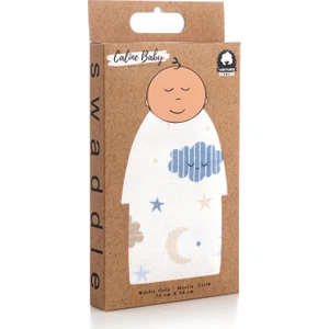 Caline Baby %100 Pamuk Premium & Hafif Müslin Bezi Örtüsü I 90x75 cm I Mavi I Bulut Desenli &  2 Adet Ağız Mendili 27x27cm