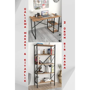 2 Raflı Çalışma Masası Bilgisayar Masası Ofis Ders Masası + 5 Raflı Kitaplık Metal Kitaplık Çam