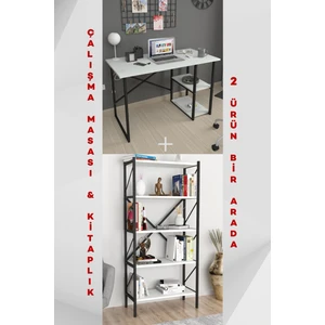 2 Raflı Çalışma Masası Bilgisayar Masası Ofis Ders Masası + 5 Raflı Kitaplık Metal Kitaplık Beyaz