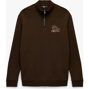 Şardonlu Uzun Kollu Baskılı Yarım Fermuarlı Sweatshirt