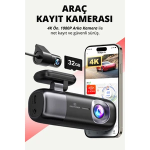 UHD 4K Dash Araç Içi Kamerası, Araç Içi 4K + Arka Kamera 1080P Wi-Fi , Gps 32G Sd Kart Dahil