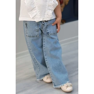Kız Çocuk Jean Pantolon Geniş Paça Düğmeli Paçası Püskül Detaylı 5-9 Yaş, Açık Mavi