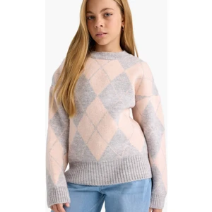 Kız Çocuk Oversize Geniş Kalıp Bisiklet Yaka Baklava Desenli Triko Kazak F5517A825WN