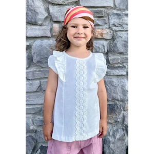 Kız Çocuk Tişört Fırfırlı Güpürlü 3-8 Yaş, Ekru