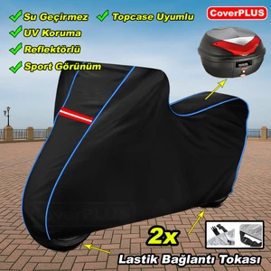 Yamaha  X-Max 250 Tech Max Pro Arka Çanta Uyumlu Branda Siyah Mavi-Dikişli Reflektörlü Motosiket Brandası Motor Örtüsü Çadır Su Geçirmez Motosiklet Kılıfı Motor Brandası