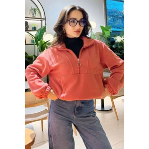 Tommy Life Yaban Gülü Yarım Fermuar Etek Ucu Büzgülü Kadın Polar Oversize Sweatshirt - 97171