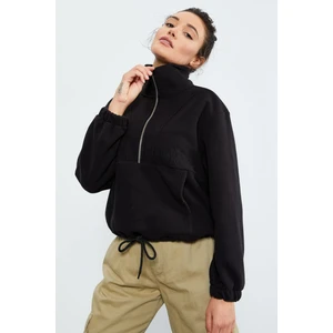 Tommy Life Siyah Yarım Fermuar Etek Ucu Büzgülü Kadın Polar Oversize Sweatshirt - 97171