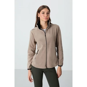 Koyu Bej Dik Yaka Fermuarlı Rahat Form Kadın Polar Sweatshirt - 97173