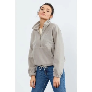 Tommy Life Koyu Bej Yarım Fermuar Etek Ucu Büzgülü Kadın Polar Oversize Sweatshirt - 97171