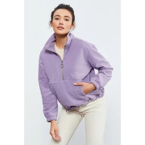 Tommy Life Eflatun Yarım Fermuar Etek Ucu Büzgülü Kadın Polar Oversize Sweatshirt - 97171