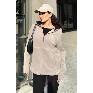 Koyu Bej Kapüşonlu Fermuarlı Rahat Form Kadın Polar Sweatshirt - 97233