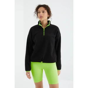 Tommy Life Siyah Yarım Fermuar Etek Ucu Büzgülü Dik Yaka Oversize Kadın Polar Sweatshirt - 97234