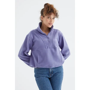 Açık Eflatun Yarım Fermuar Etek Ucu Büzgülü Kadın Polar Oversize Sweatshirt - 97171